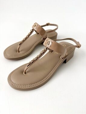 CHANEL | Beige Patent Leather CC Logo Chain T-Strap Slingback Heel Sandals 37